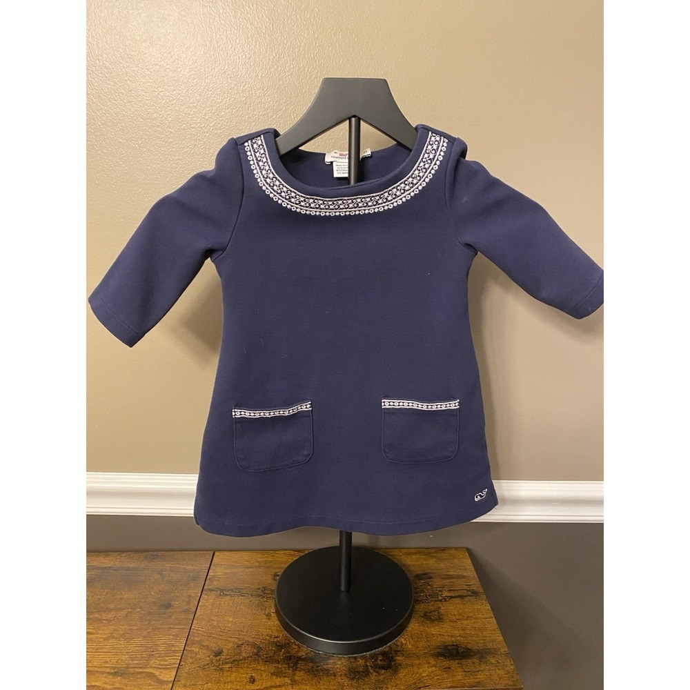 Vineyard Vines Girls 3T Dress Navy White Embroidered Detail On Neck  & Pockets